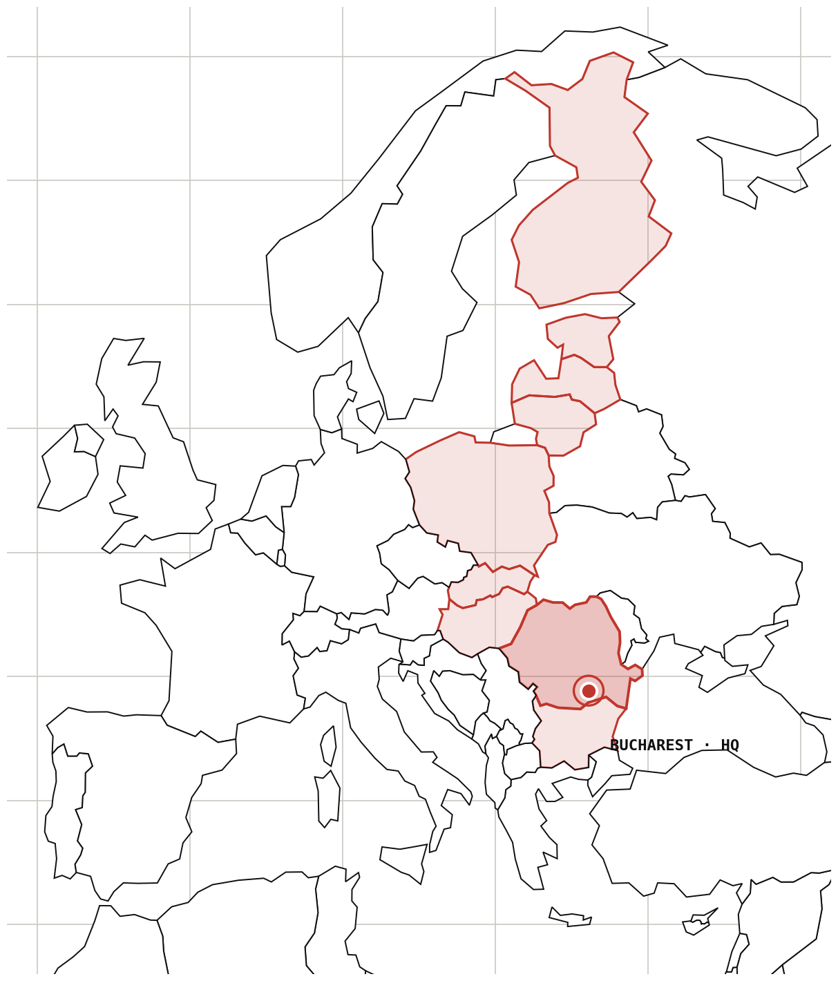Map of Europe with the NATO eastern flank highlighted, Blackground HQ in Bucharest